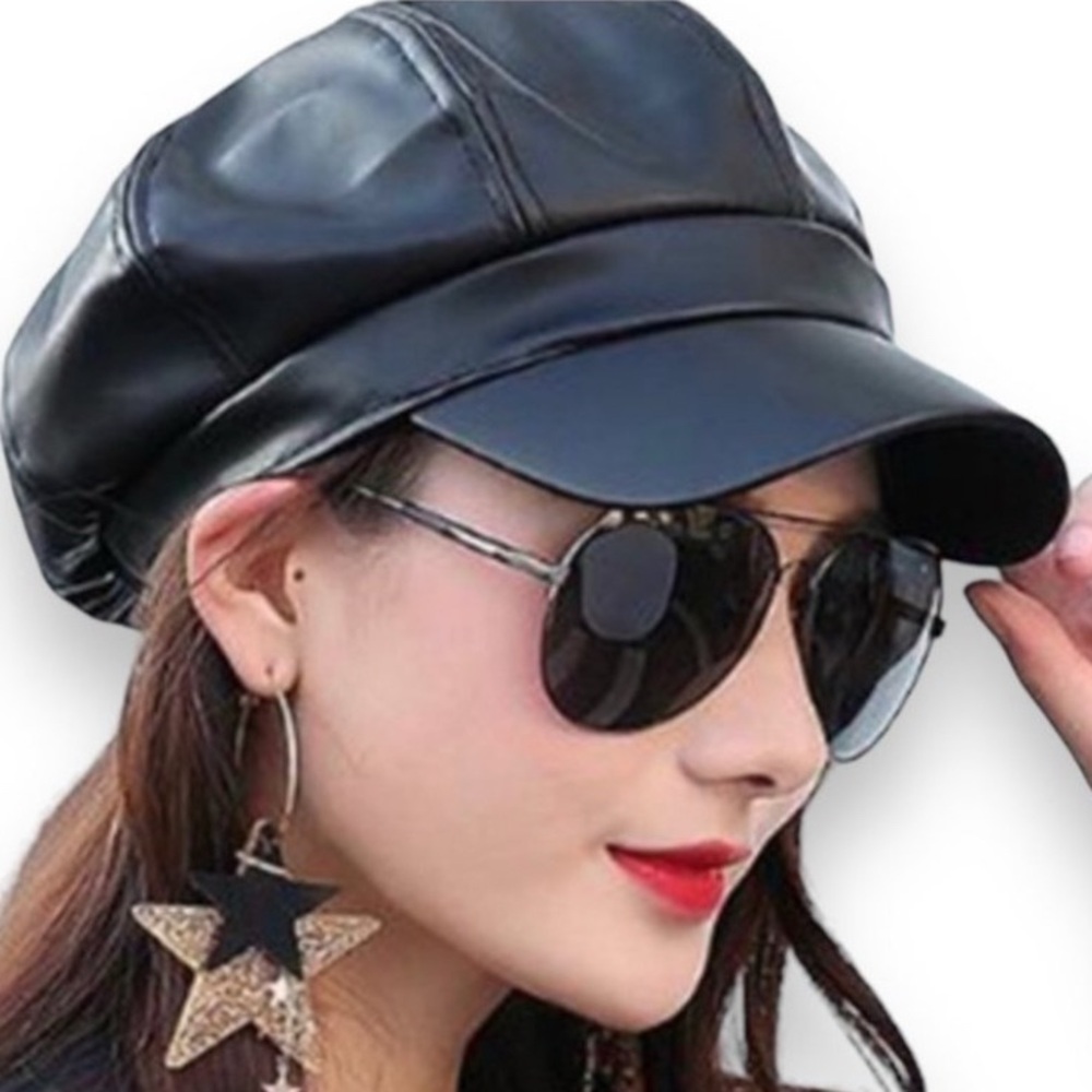 Black Faux Leather Curve Brim Floppy Button Top Newsboy Cap NWOT